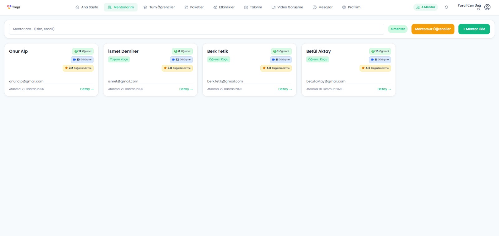 Mentor Kadrosu - Tüm mentorları listeleyin, durumlarını ve yüklerini görün